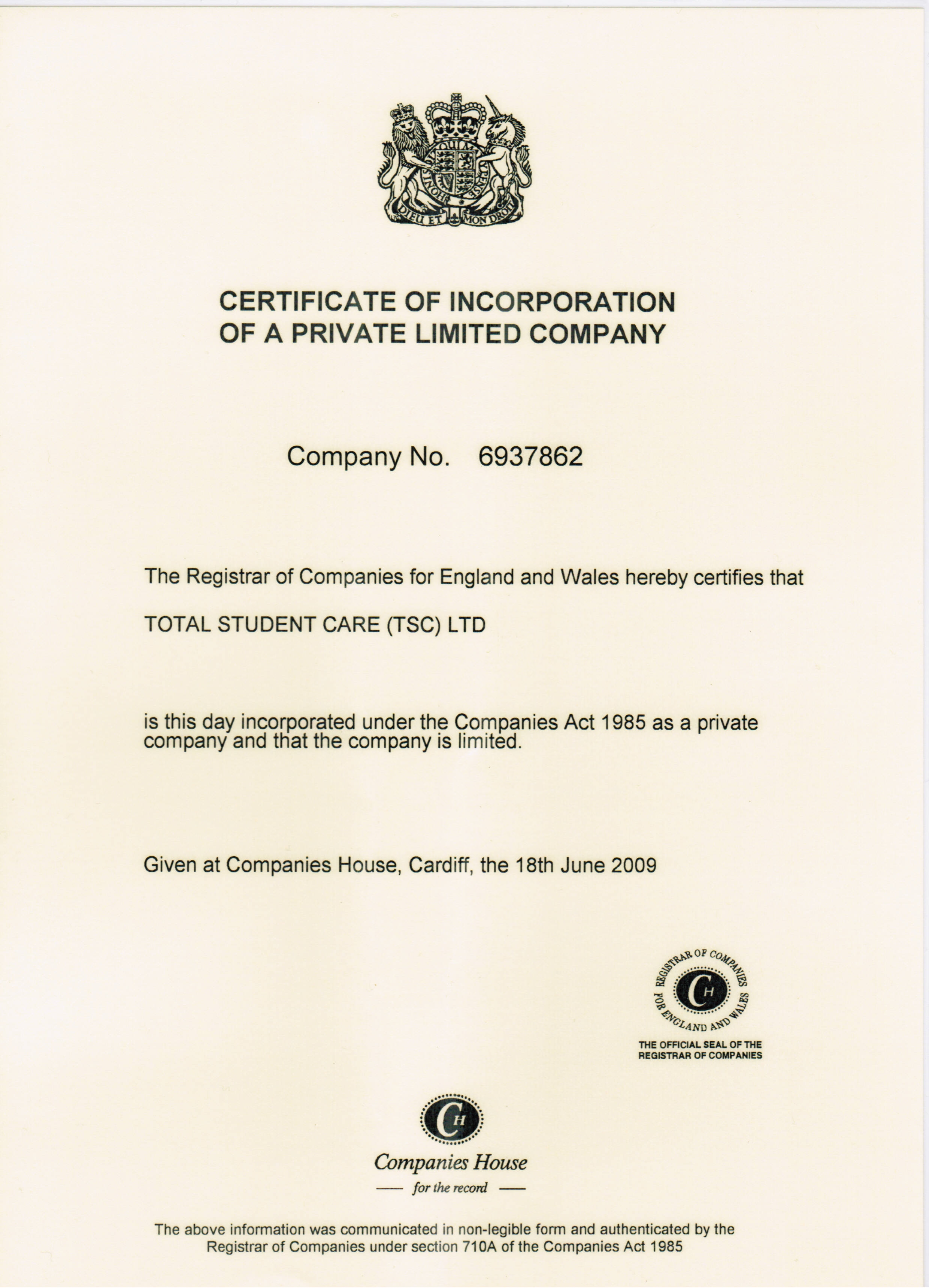 TSC - Company Incorporation Certificate
